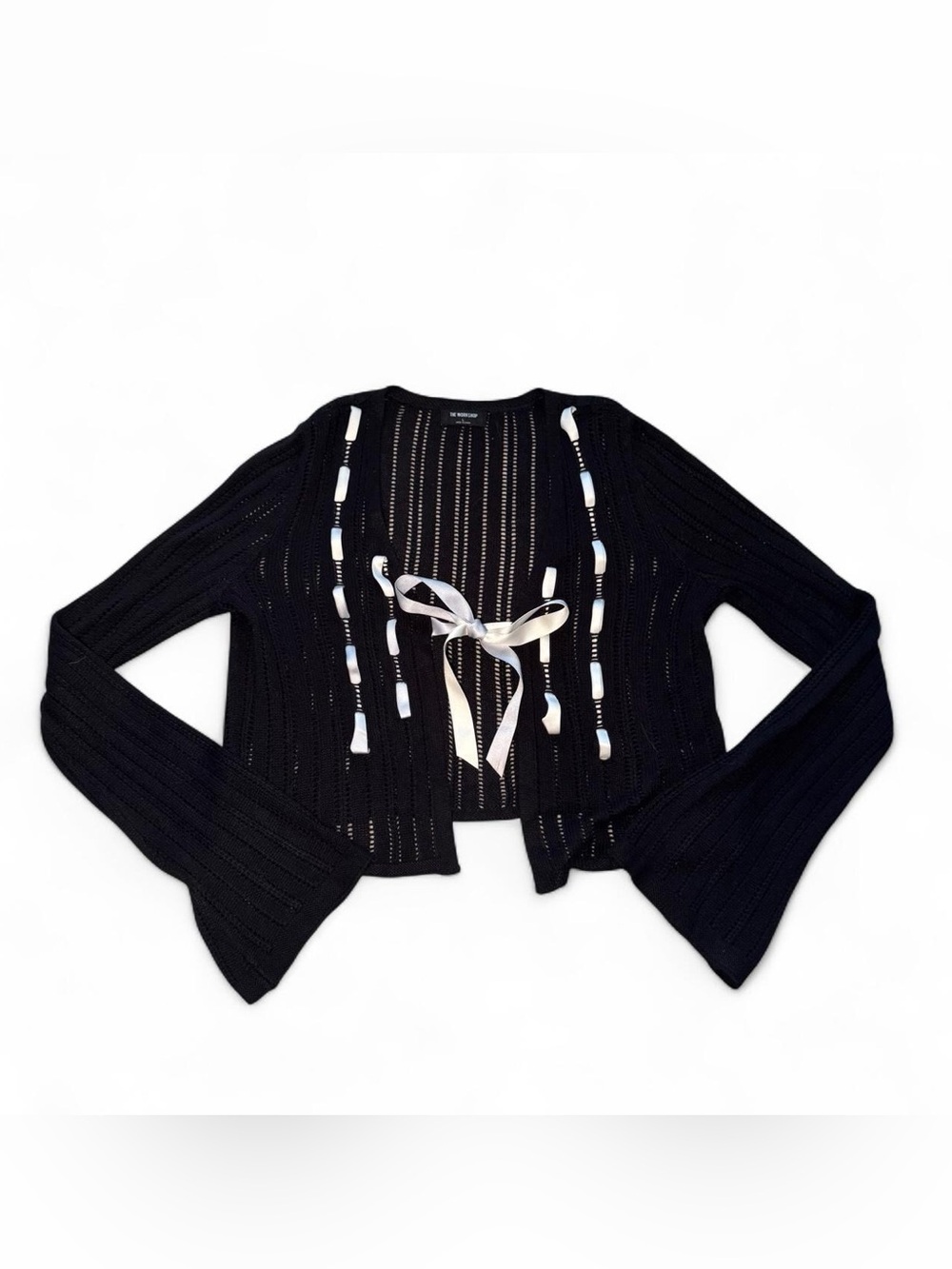 The workshop coquette Black crochet cardigan with white white bow detail☮️